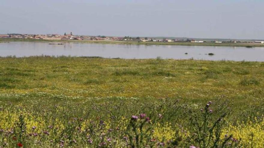 La Salina Grande de Villafáfila rebosante de agua, con la localidad homónima al fondo, vista desde el pueblo abandonado de Otero de Sariegos.