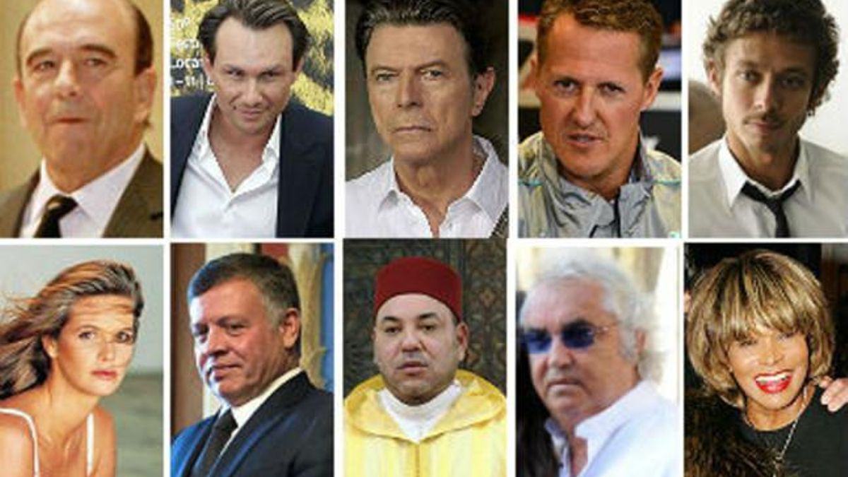 Algunos de los nombres de la 'lista Falciani'. Emilio Botín, Christian Slater, David Bowie, Michael Schumacher, Valentino Rossi, Elle MacPherson, Abdalá de Jordania, Mohamed de Marruecos, Flavio Briatore y Tina Turner.