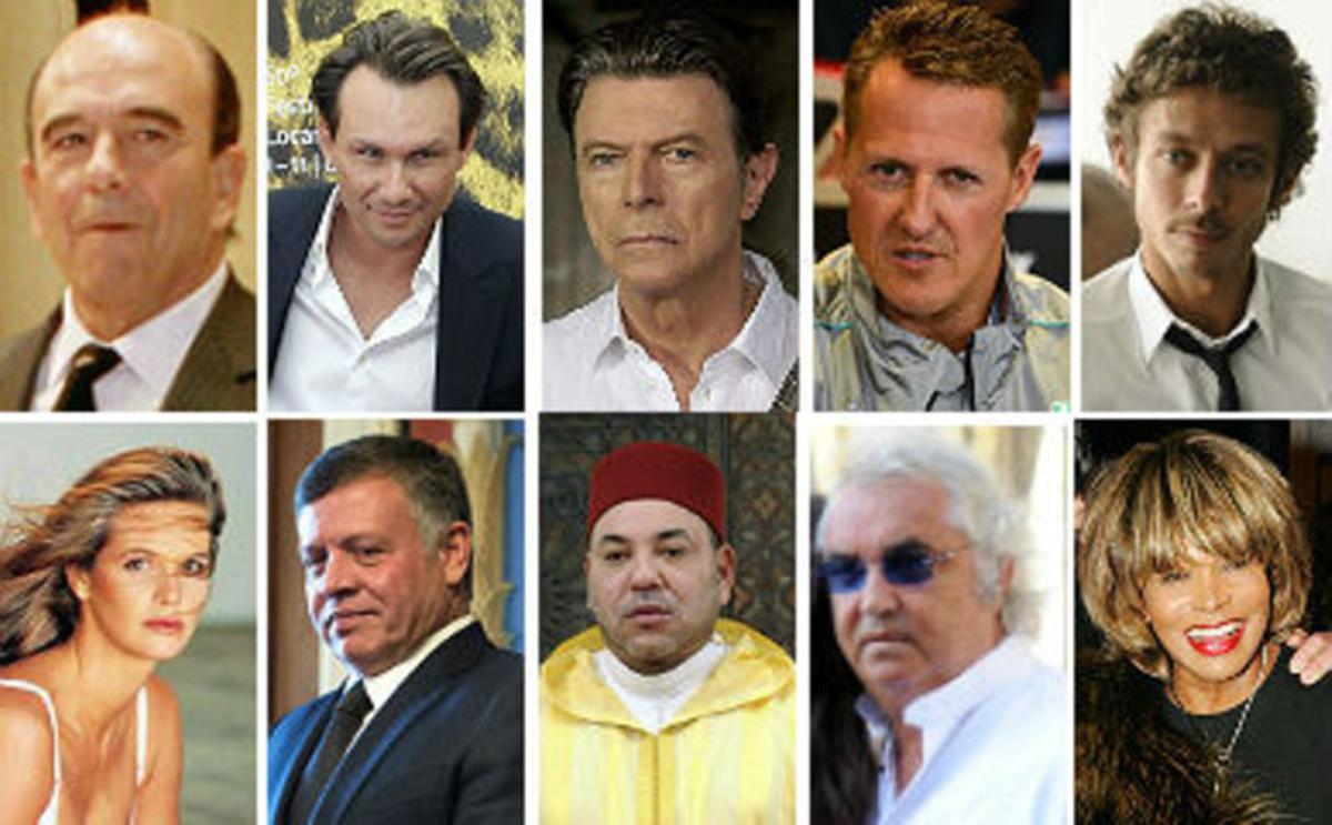 Algunos de los nombres de la ’lista Falciani’. Emilio Botín, Christian Slater, David Bowie, Michael Schumacher, Valentino Rossi, Elle MacPherson, Abdalá de Jordania, Mohamed de Marruecos, Flavio Briatore y Tina Turner. Algunos de los nombres de la ’lista Falciani’. Emilio Botín, Christian Slater, David Bowie, Michael Schumacher, Valentino Rossi, Elle MacPherson, Abdalá de Jordania, Mohamed de Marruecos, Flavio Briatore y Tina Turner.