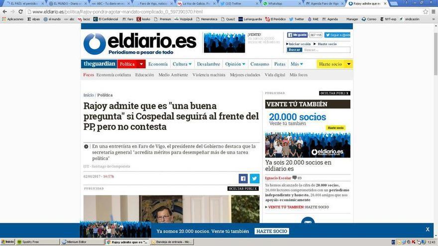 La noticia sobre Rajoy en la web de El Diario. // Faro