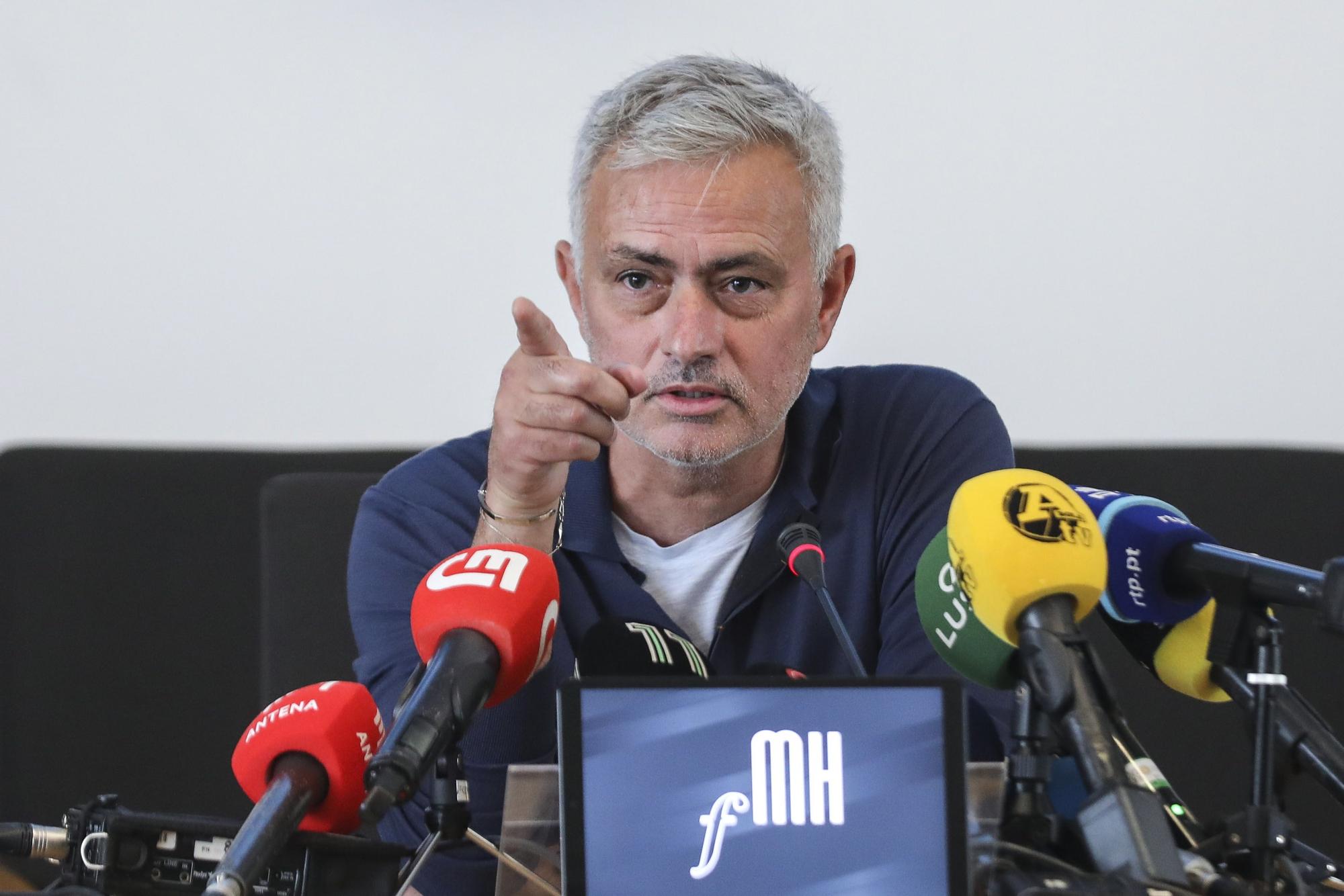 Jose Mourinho attends a press conference at the School of Human Kinetics