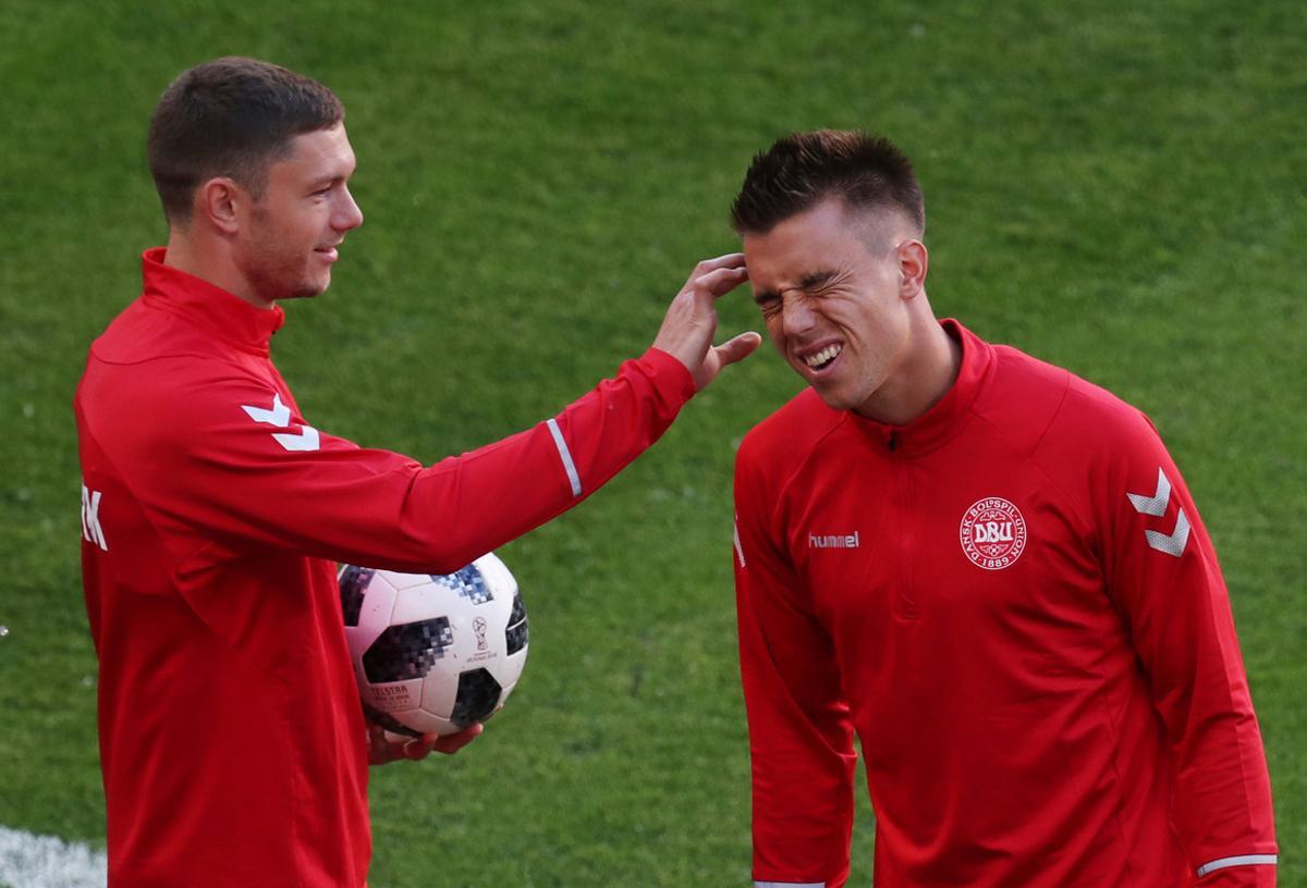 Soccer Football - World Cup - Denmark Training - Mordovia Arena, Saransk, Russia - June 15, 2018   Denmark’s Jonas Knudsen and Henrik Dalsgaard during training   REUTERS/Ricardo Moraes