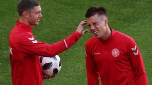 Soccer Football - World Cup - Denmark Training - Mordovia Arena, Saransk, Russia - June 15, 2018   Denmark’s Jonas Knudsen and Henrik Dalsgaard during training   REUTERS/Ricardo Moraes