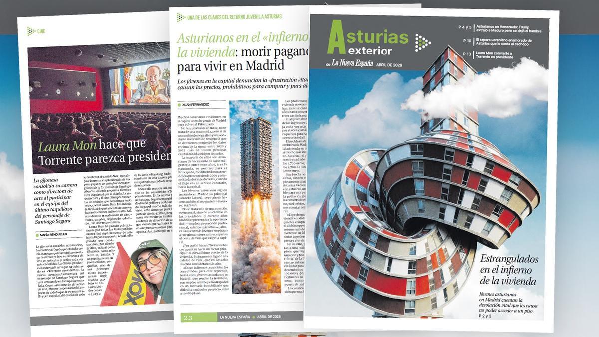 La portada y algunas páginas del número de abril del suplemento en papel de "Asturias Exterior"
