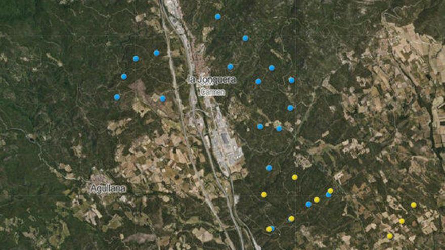 Els molins projectats (amb blau els que tenen viabilitat) a la zona de l&#039;Albera.