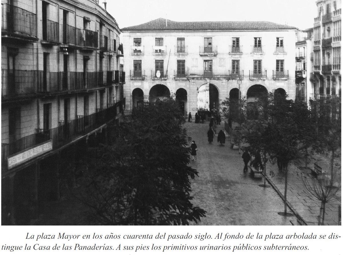 Edificio de la Casa de la Panaderas, con la calle del Medio, arbolado y evacuatorios.