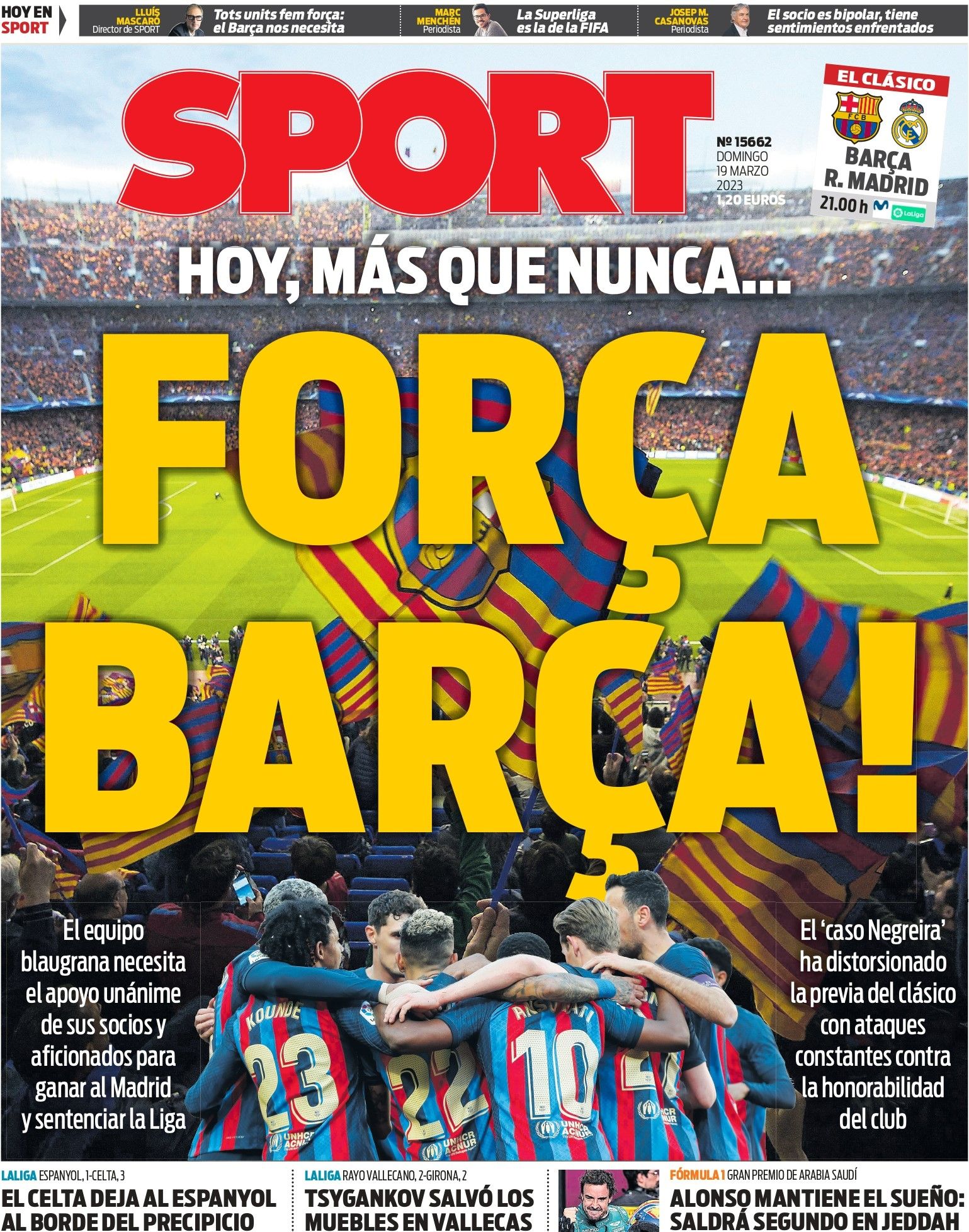 &quot;FORÇA BARÇA!&quot;, la portada de SPORT del domingo 19 de marzo de 2023