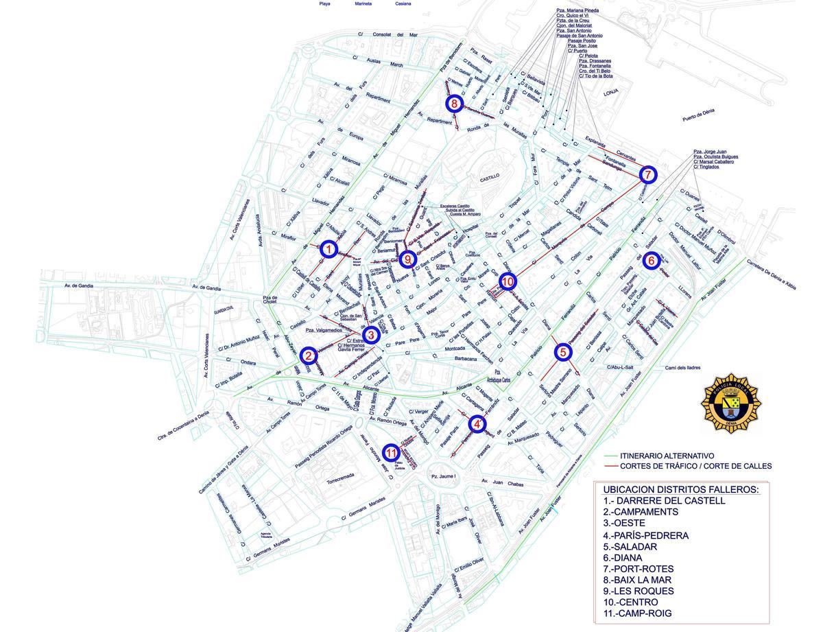 El plano de las calles cortadas durante las Fallas