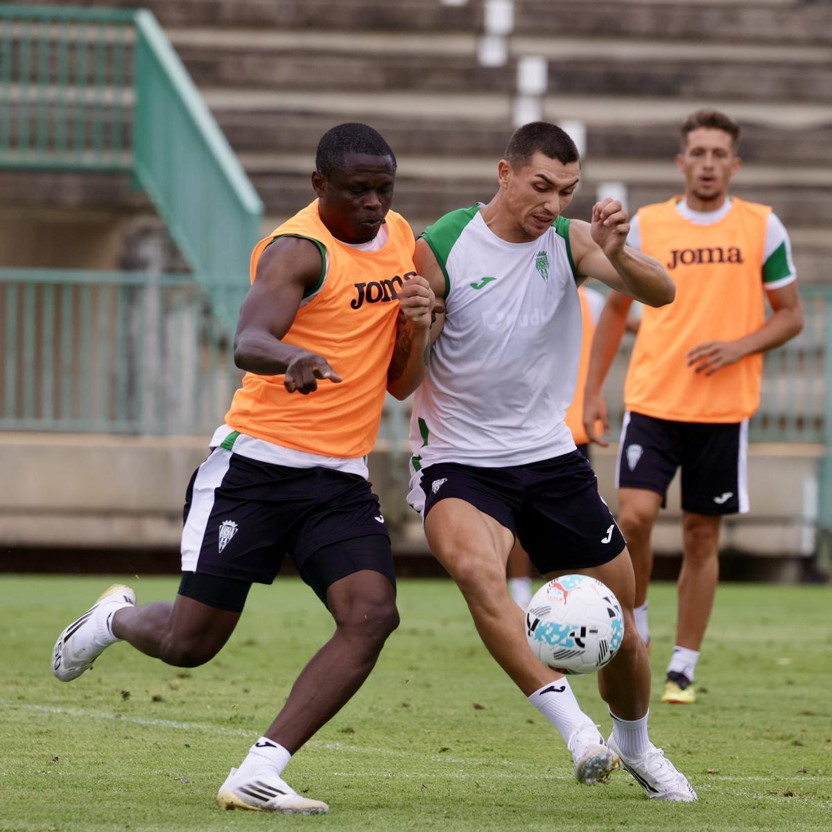 3. Adrián Fuentes, a la derecha, pugna con Franck Fomeyem durante una sesión de trabajo. El atacante madrileño vuelve a El Arcángel tres cursos después, tras ser el pichichi del Grupo 1 de Primera RFEF con el Tarazona. Firmó hasta 2027. 3. Adrián Fuentes, a la derecha, pugna con Franck Fomeyem durante una sesión de trabajo. El atacante madrileño vuelve a El Arcángel tres cursos después, tras ser el pichichi del Grupo 1 de Primera RFEF con el Tarazona. Firmó hasta 2027.