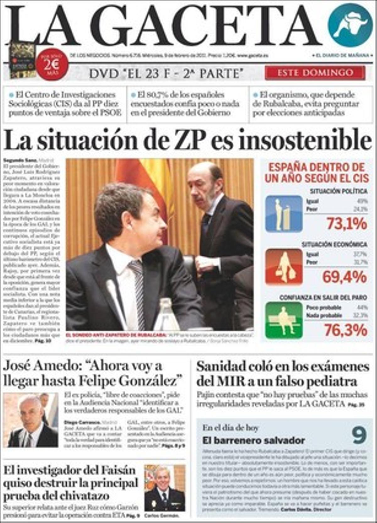 ’La Gaceta’ també destaca que José Bono se’n va avui a Guinea Equatorial sense aclarir si té algun encàrrec del Govern, i que l’Audiència de Màlaga es desvincula del tracte de favor que rep Juan Antonio Roca, cervell de ’cas Malaia’, a la presó d’Alaurín de la Torre.