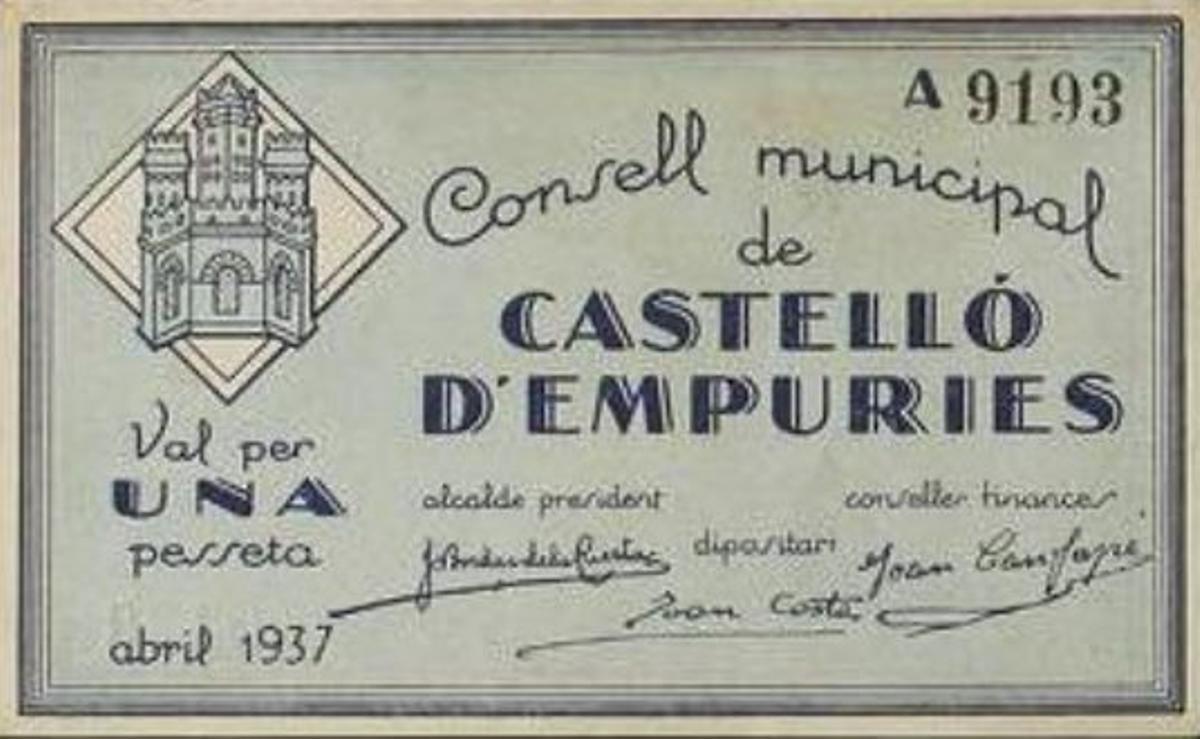 Bitllet d'una pesseta emès per l'Ajuntament de Castelló d'Empúries el 1937