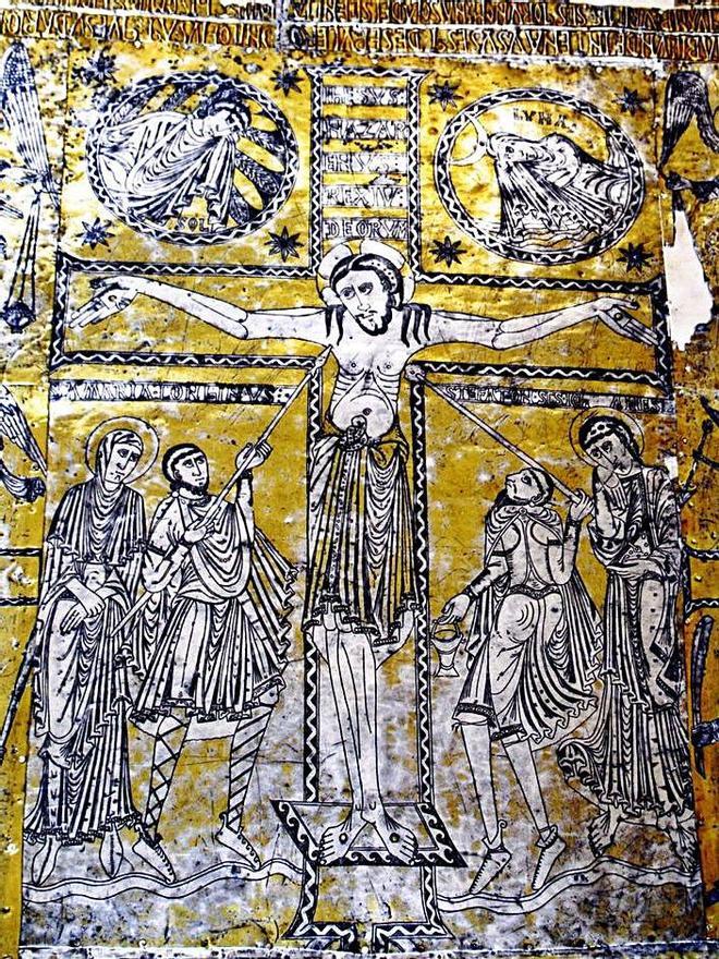Representación de la crucifixón de Cristu na cubierta de l'Arca Santa.