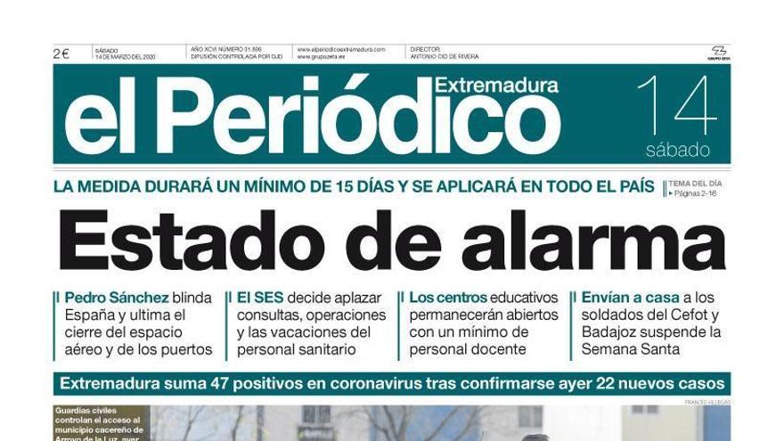 Esta es la portada de EL PERIÓDICO EXTREMADURA correspondiente al día 14 de marzo del 2020