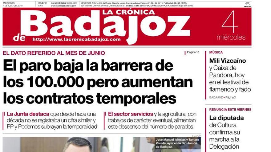 Esta es la portada de LA CRÓNICA DE BADAJOZ correspondiente al día 4 de julio del 2018