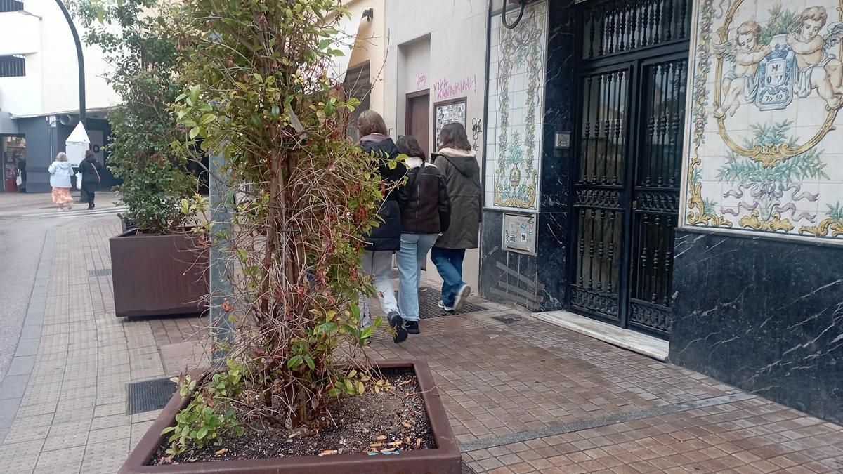 Uno de los macetones con plantas de calle Carretería, este mes, convertido en cenicero.