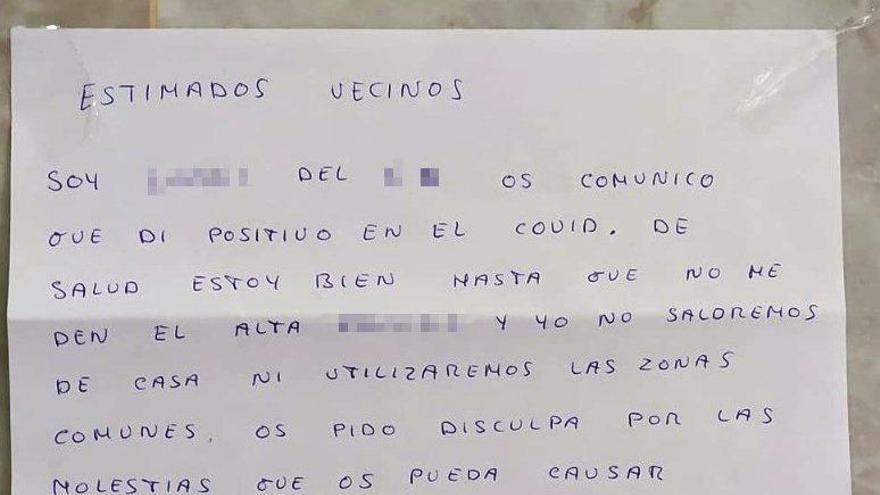 Mensaje a sus vecinos: &quot;Hasta que no me den el alta no usaré las zonas comunes&quot;