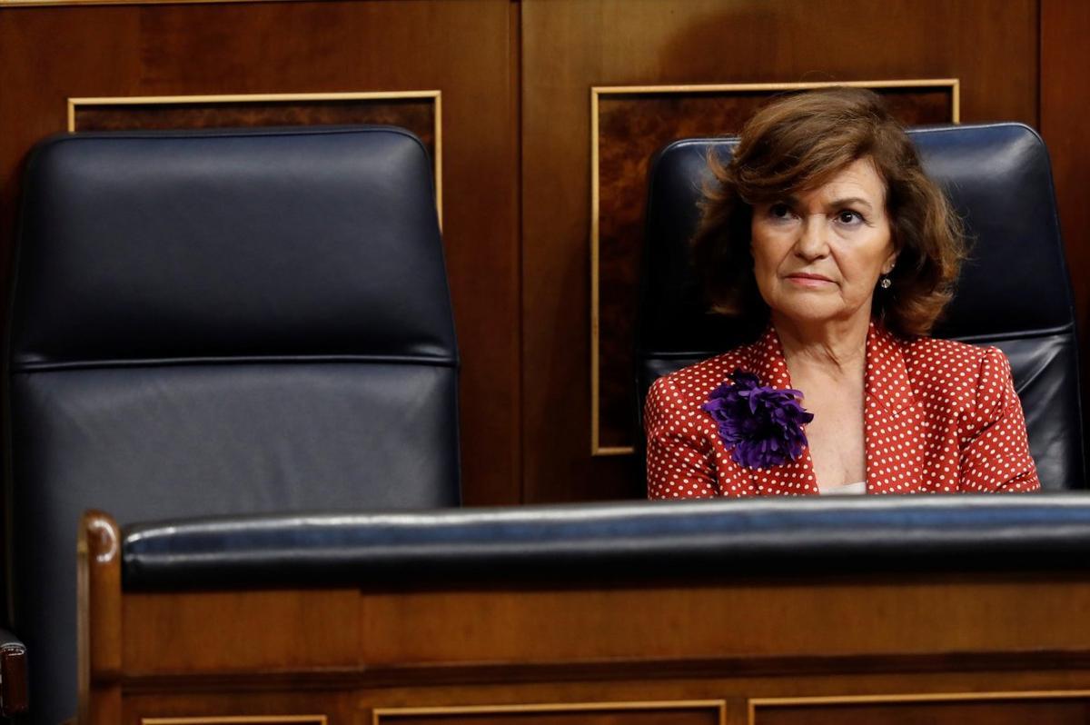 GR4060  MADRID  25 07 2019 - La vicepresidenta del Gobierno en funciones  Carmen Calvo  este jueves en el Congreso  donde tiene lugar la segunda votacion de la investidura del candidato socialista  Pedro Sanchez  despues de que no consiguiera la mayoria absoluta en primera instancia  EFE Ballesteros