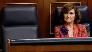 GR4060  MADRID  25 07 2019 - La vicepresidenta del Gobierno en funciones  Carmen Calvo  este jueves en el Congreso  donde tiene lugar la segunda votacion de la investidura del candidato socialista  Pedro Sanchez  despues de que no consiguiera la mayoria absoluta en primera instancia  EFE Ballesteros