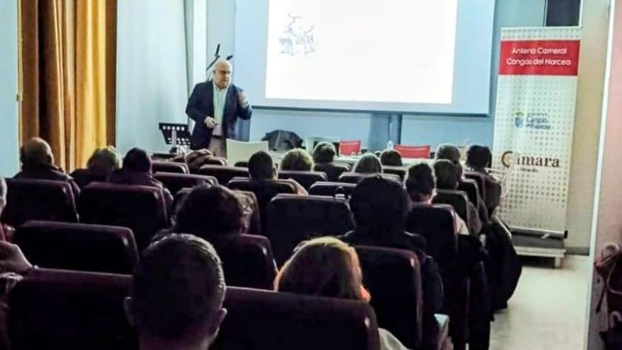 Luis Bobes Cuesta, durante la ponencia sobre IA en pequeños comercios celebrada en la Casa de la Cultura de Salas.