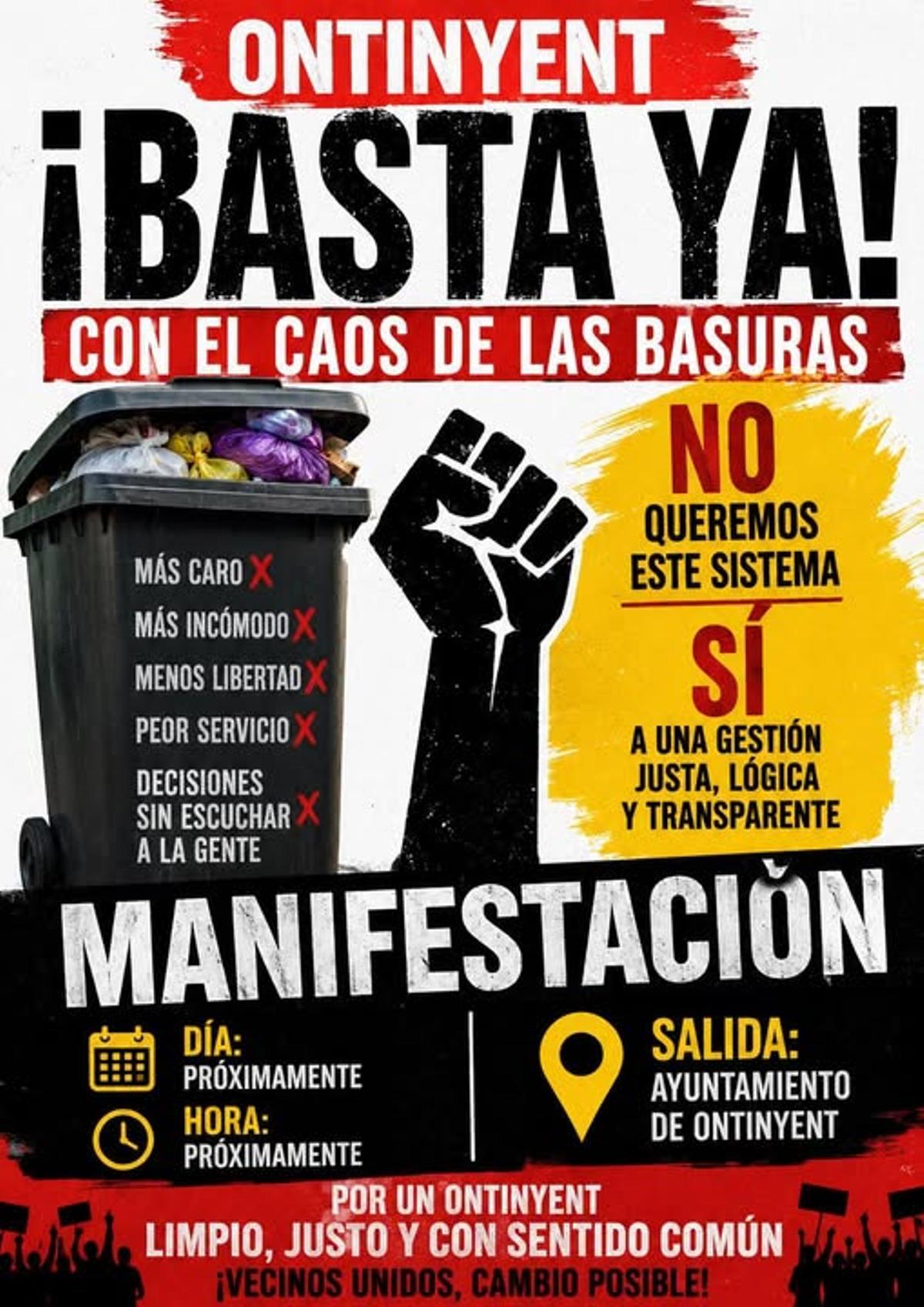 Cartel de la manifestación -sin fecha ni hora- convocada contra el nuevo modelo de recogida de basura "puerta a puerta" de Ontinyent.