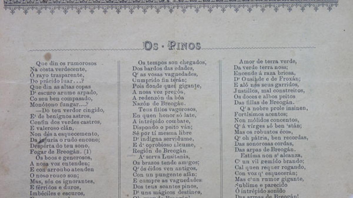 Primeira aparición impresa do poema &quot;Os Pinos&quot; de Eduardo Pondal, publicada nas bases do certame musical organizado polo Orfeón Coruñés Número 4 de Pascual Veiga (22 de maio de 1890)