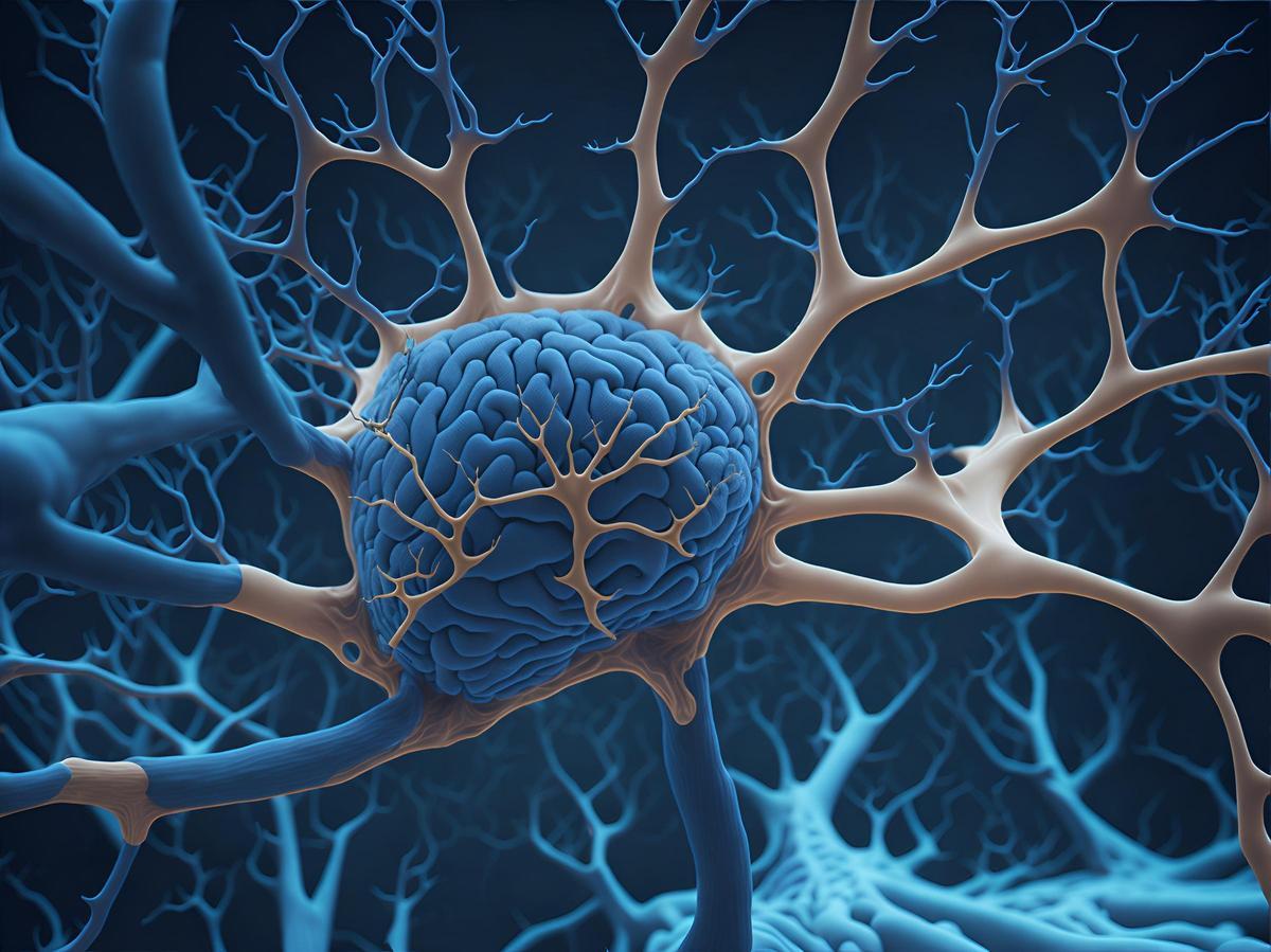 Imagen artística de neuronas, sinapsis y cerebro.