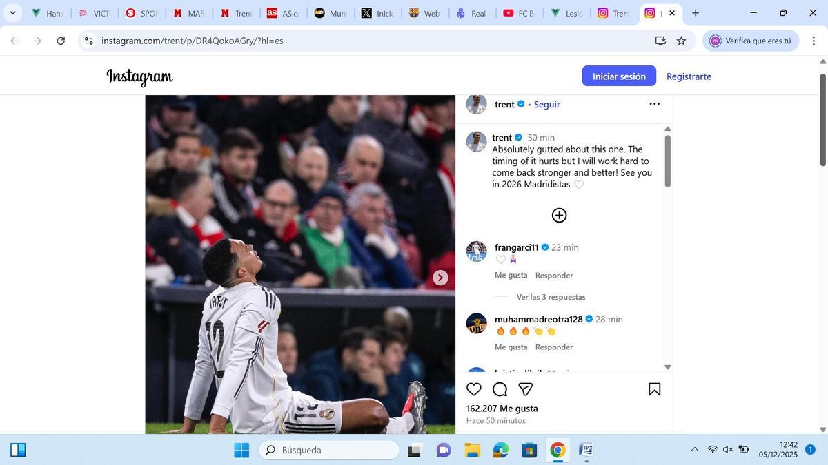 Publicación de Trent en sus redes sociales