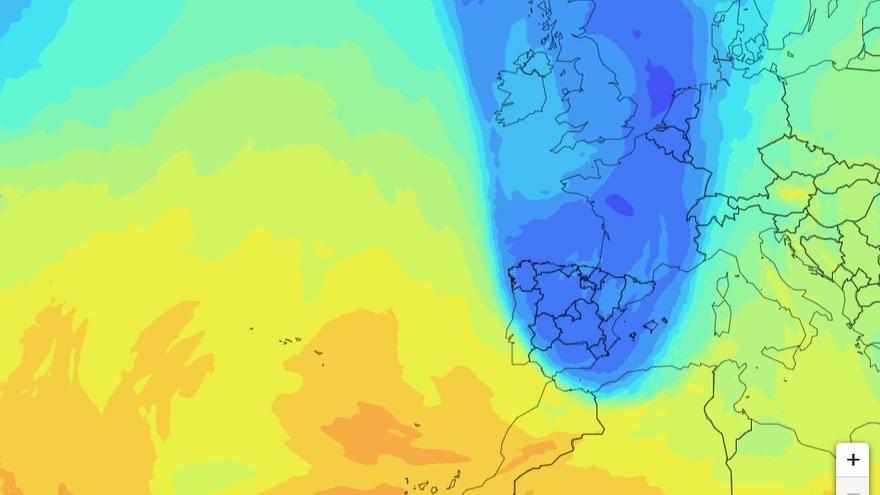 Imagen del modelo meteorológico para el fin de semana con la vaguada de masa de aire del norte de Europa