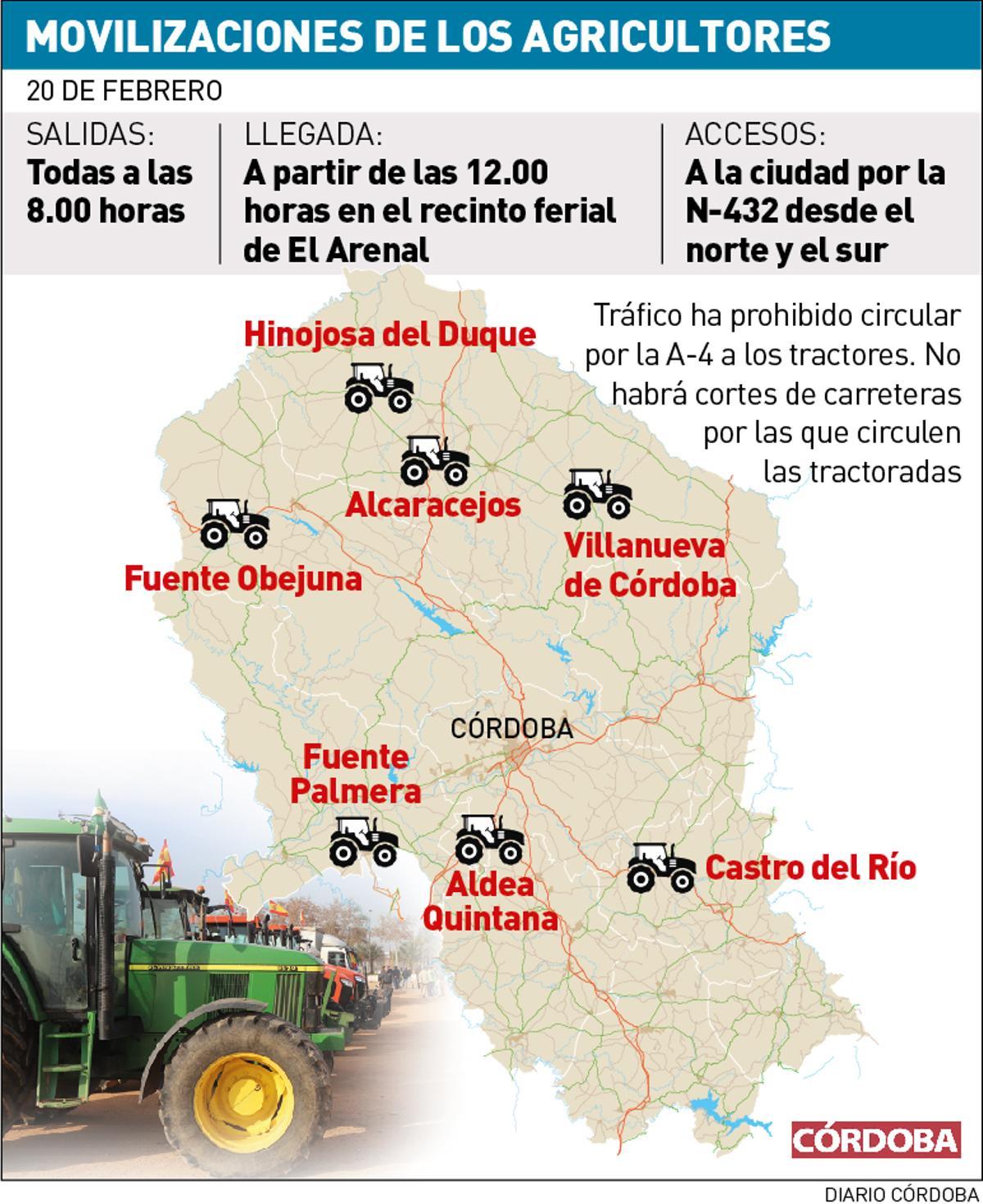 Mapa de las tractoradas en Córdoba.