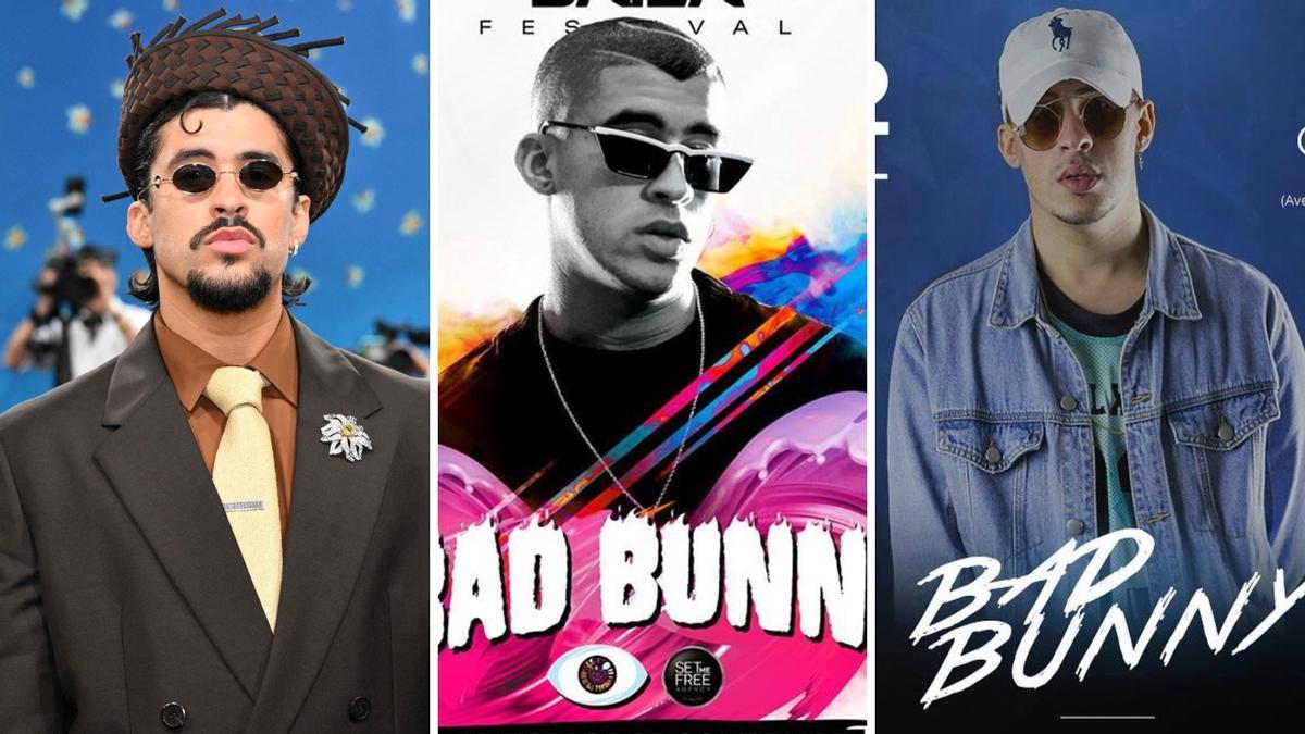 Fotomontaje de Bad Bunny en la actualidad junto a los carteles que anunciaban sus conciertos en Tenerife