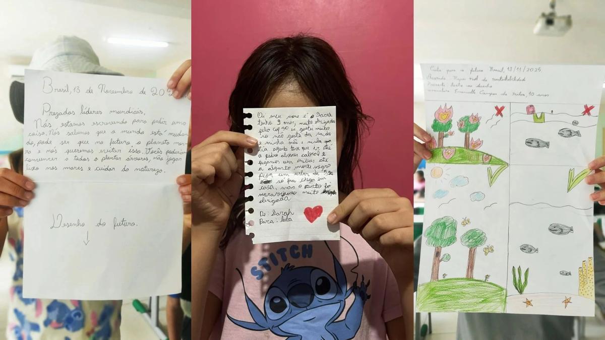 Tres niños enseñan las cartas entregadas a Sustainaclaus durante la cumbre de Brasil.