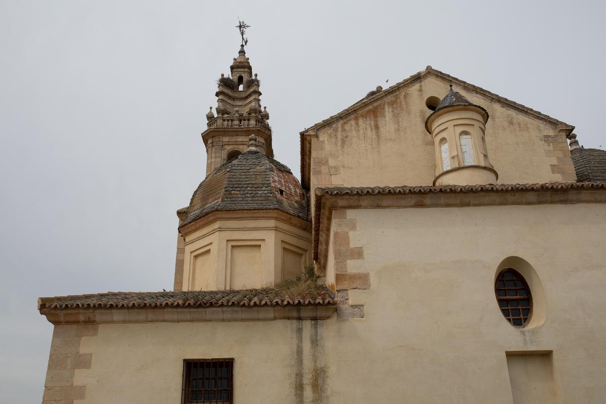 Exterior de la iglesia: vista de la torre con nidos de cigüeña, una cúpula lateral donde están desapareciendo las tejas, dejando agujeros al descubierto, y vegetación en el tejado que provoca la humedad visible en la fachada.