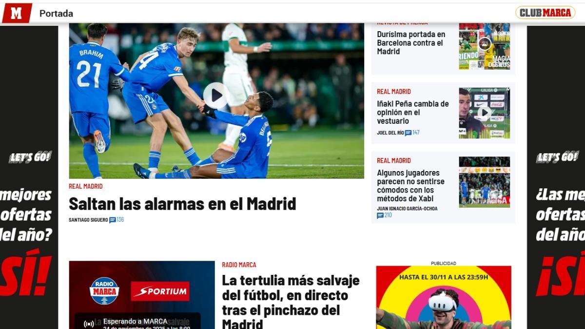 La portada de la página web del diario Marca el lunes posterior al Elche-Real Madrid de LaLiga 2025/26