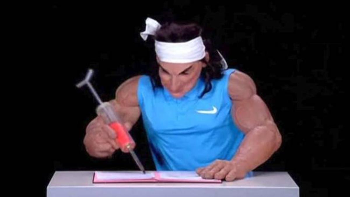 Un guiñol que representa a Rafael Nadal firma con una jeringuilla en Canal + Francia