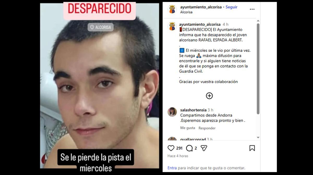 Rafael Espada Albert, el joven de Alcoriso desaparecido desde el miércoles.
