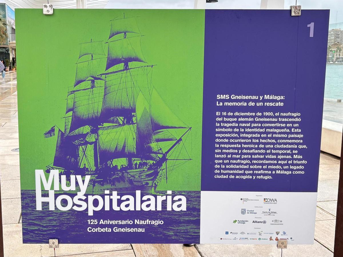 Primer cartel de la exposición sobre el hundimiento de la Gneisenau en el Puerto de Málaga.