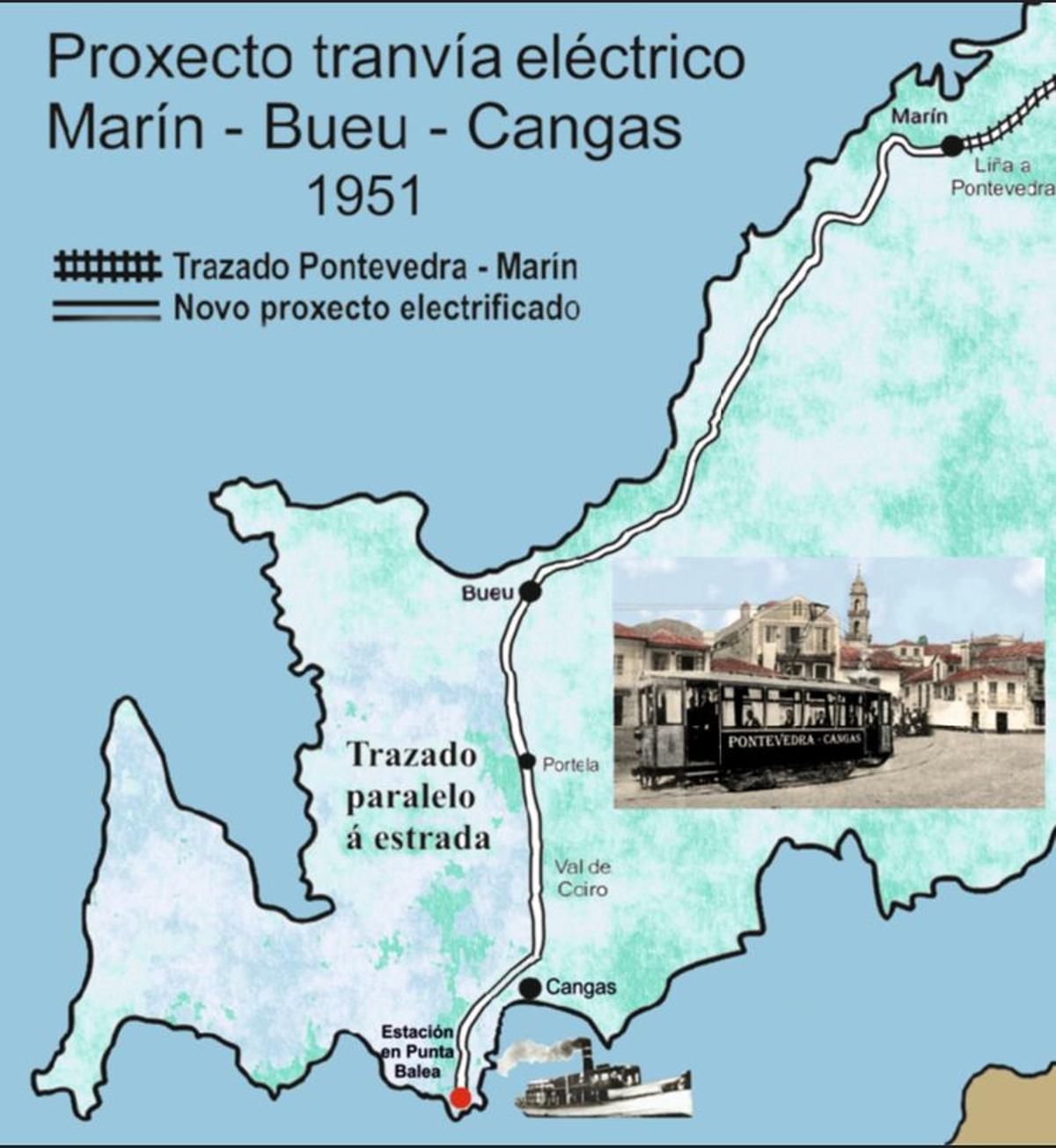 Un plano co proxecto de 1951 de tranvía eléctrico entre Marín, Bueu e Cangas.