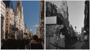 Vistas de la Gran Vía, con el edificio Telefónica en el centro, en la actualidad y en la época que se desarrolla la novela.