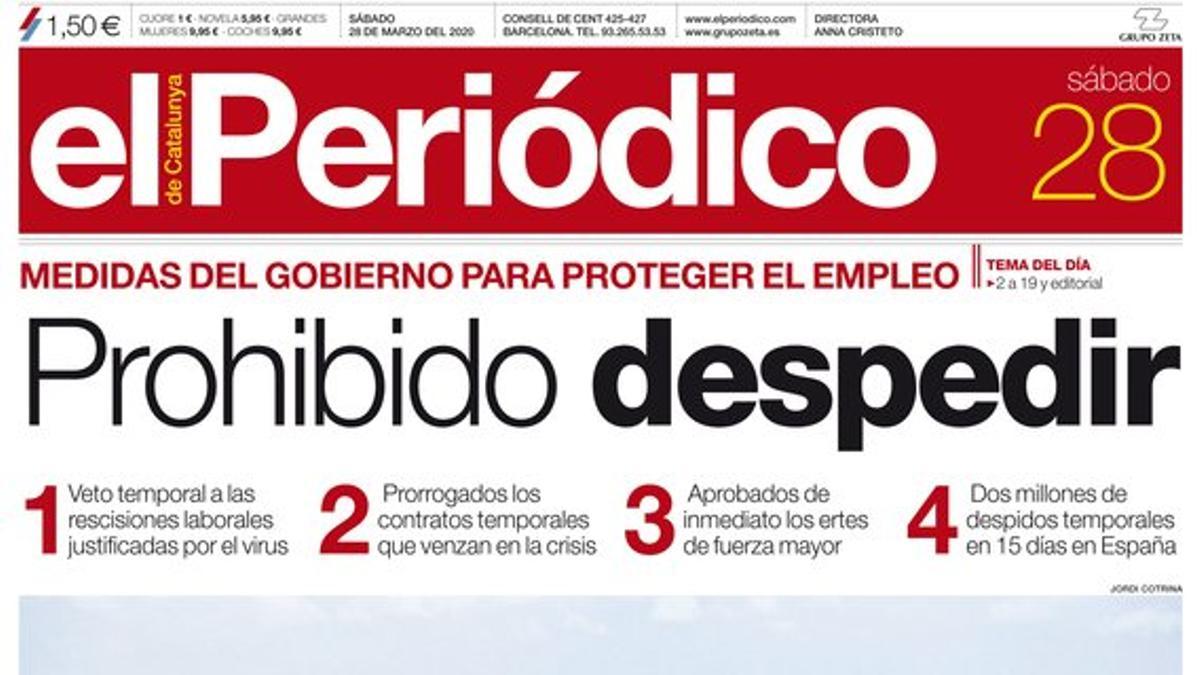 La portada de EL PERIÓDICO del 28 de marzo del 2020