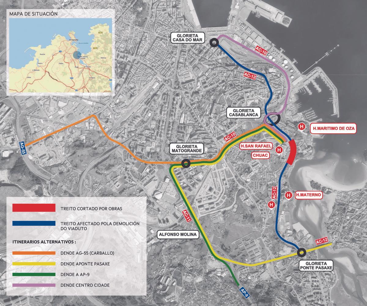 Mapa para desplazarse por A Coruña con el corte de A Pasaxe por el derribo del viaducto que da acceso al Chuac.