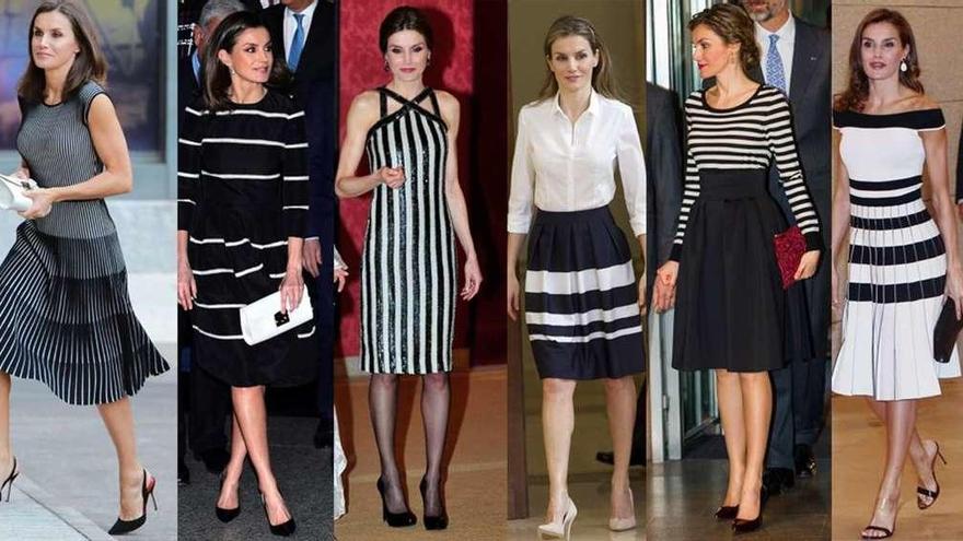 Los diferentes &#039;looks&#039; a rayas en blanco y negro de la Reina, siendo el primero a la derecha el que reciclaba ayer. // Efe