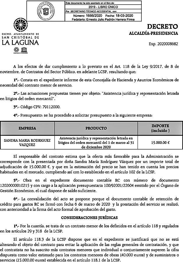 La Laguna contrata a dedo a la abogada del PSOE defensora de Santiago Pérez