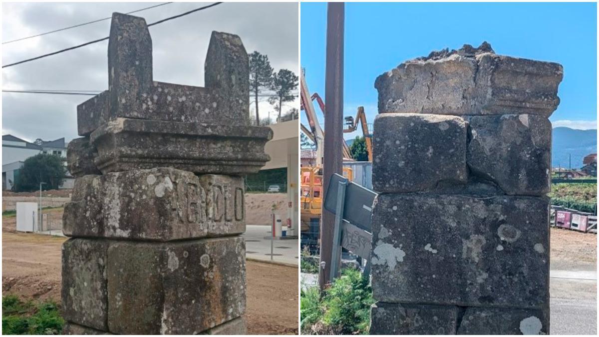 A la izquierda el pilar de entrada al pazo de Torres Agrelo a principios de año, y a la derecha, en la actualidad.