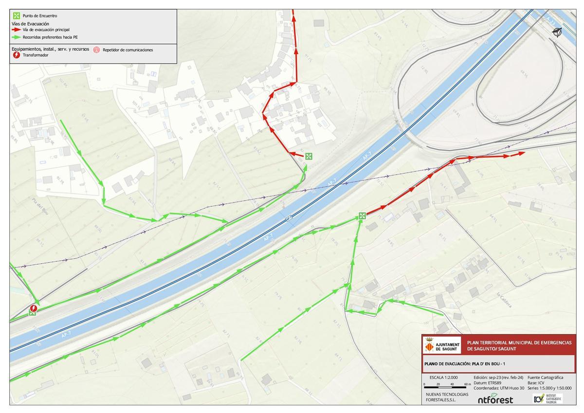 Mapa con los puntos de encuentro y las vías de evacuación del Pla del Bou del Plan de Prevención de Incendios