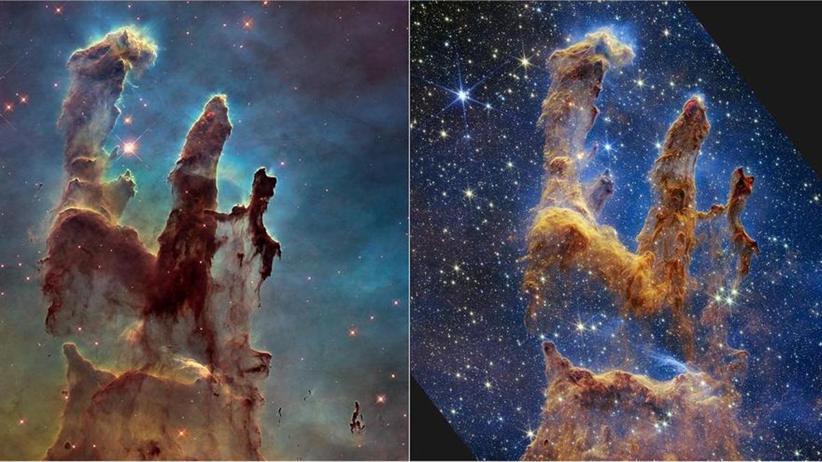 A la izquierda, los 'pilares de la creación' vistos por el Hubble. A la derecha, vistos por el James Webb.