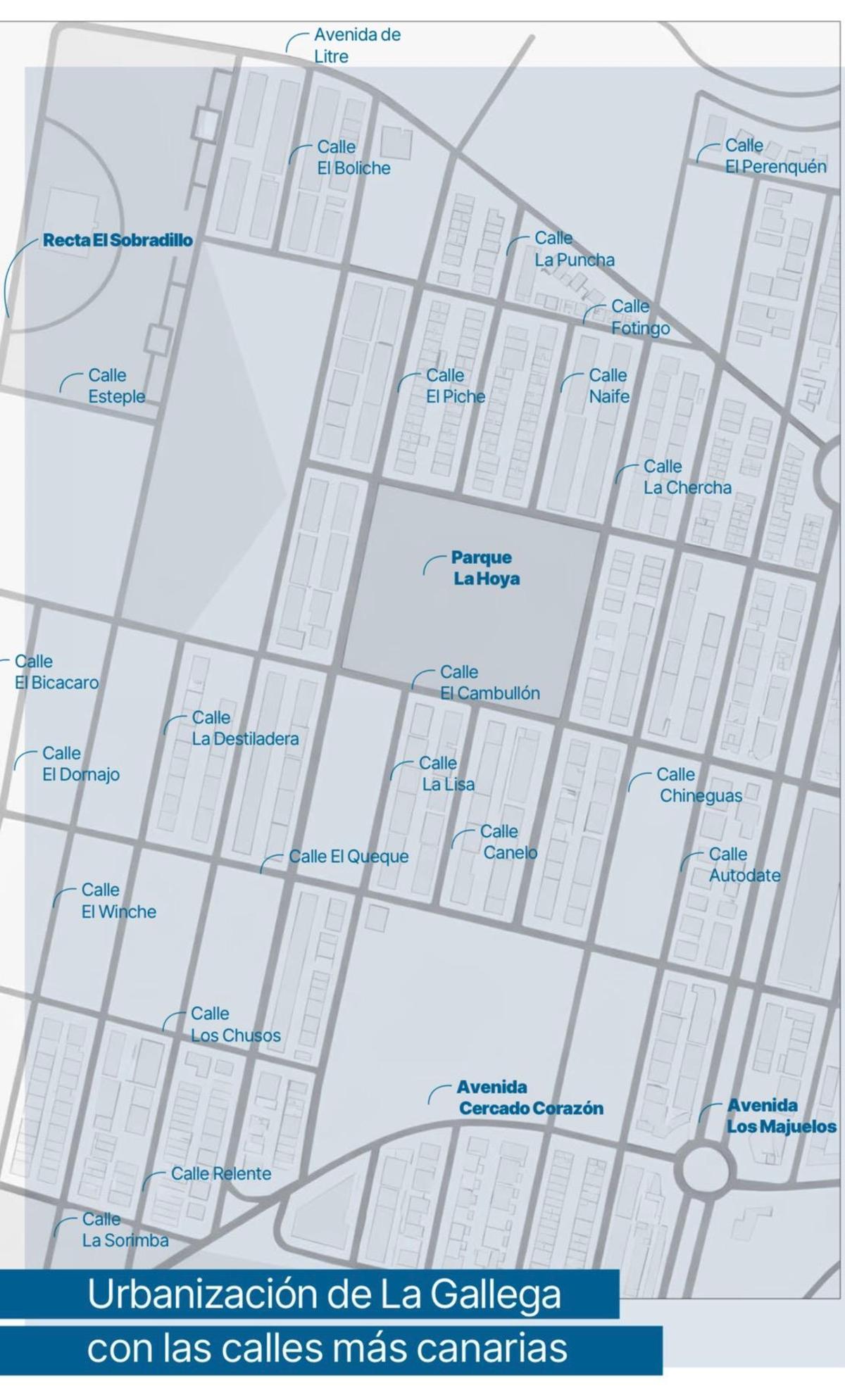 Esta es la urbanización de La Gallega con el callejero dedicado a los canarismos y cada una de las vías.