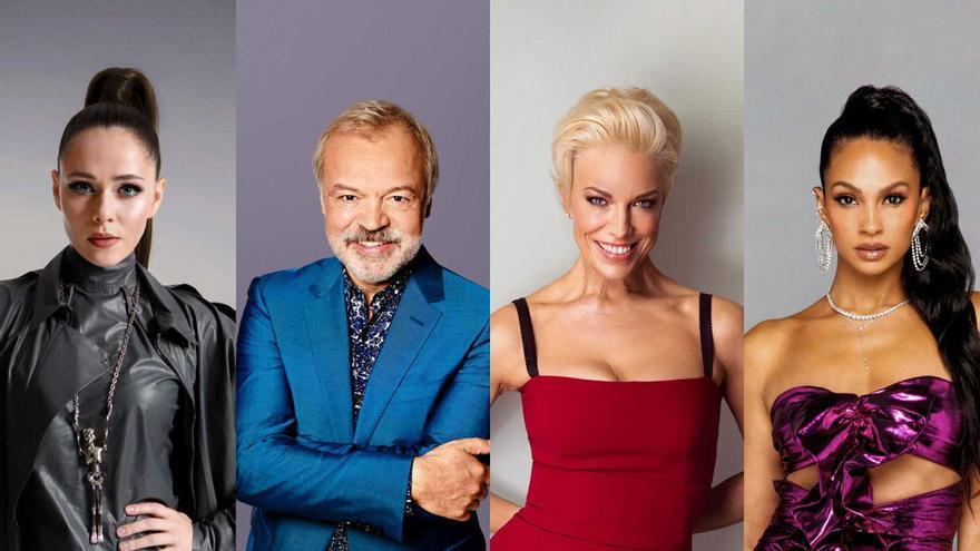 Julia Sanina, Graham Norton, Hannah Waddingham y Alesha Dixon, presentadores de Eurovisión 2023.