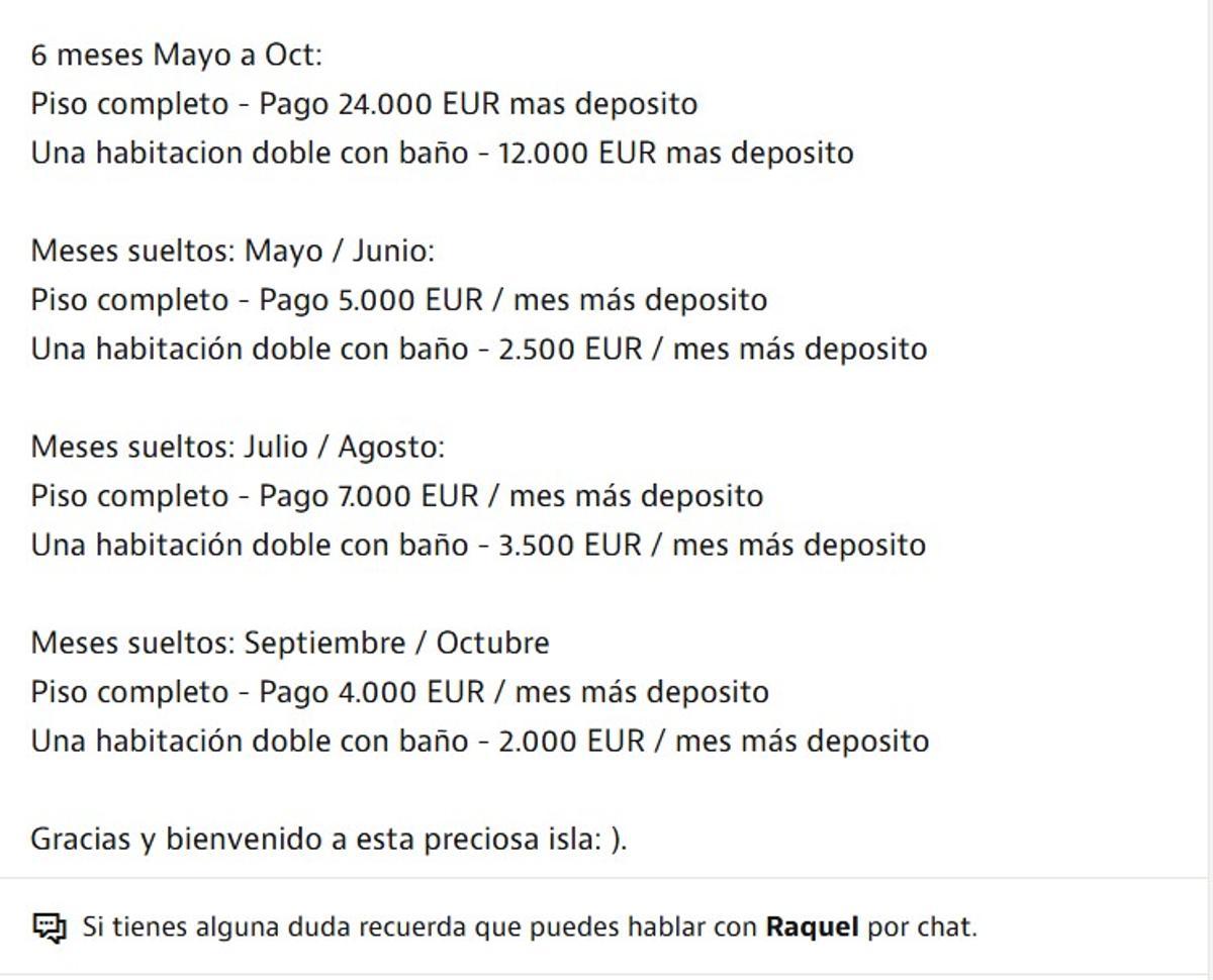 Publicación de Idealista con los precios y meses desglosados
