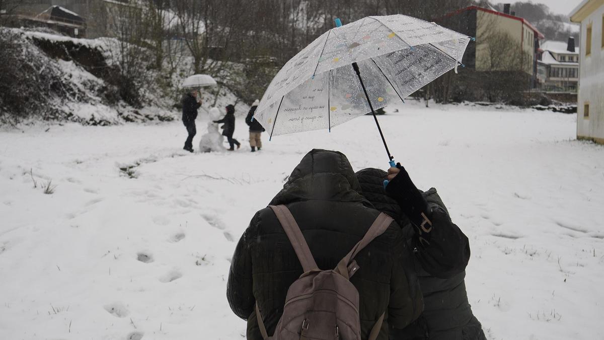 Temporal del invierno con nieve, lluvia y viento