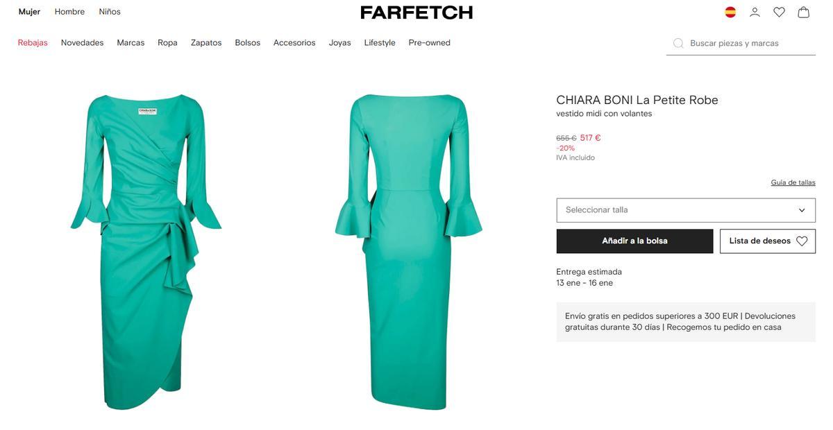 La web de artículos de lujo Farfetch donde se vende el mismo modelo verde de Delcy Rodríguez.